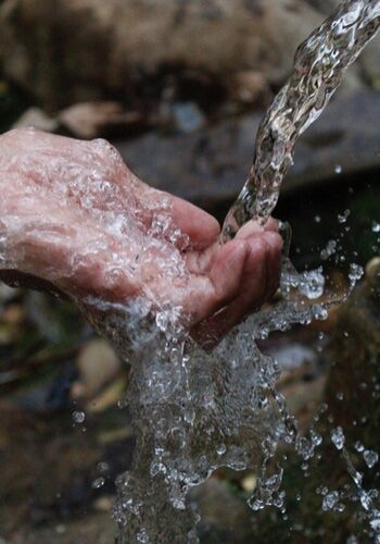 A person 's hand is splashing water from the river.